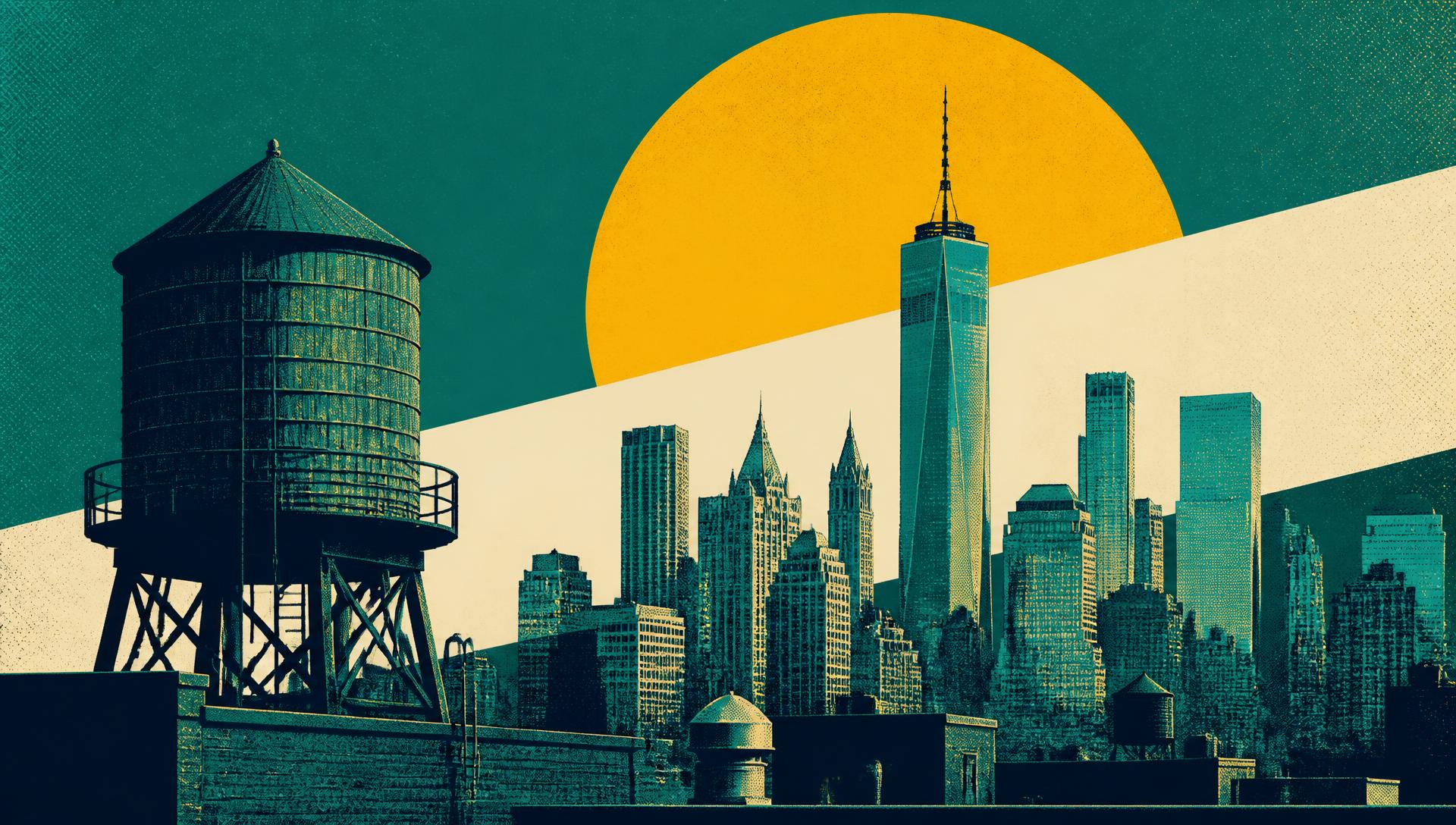 Duotone illustration of the lower Manhattan skyline at sunrise